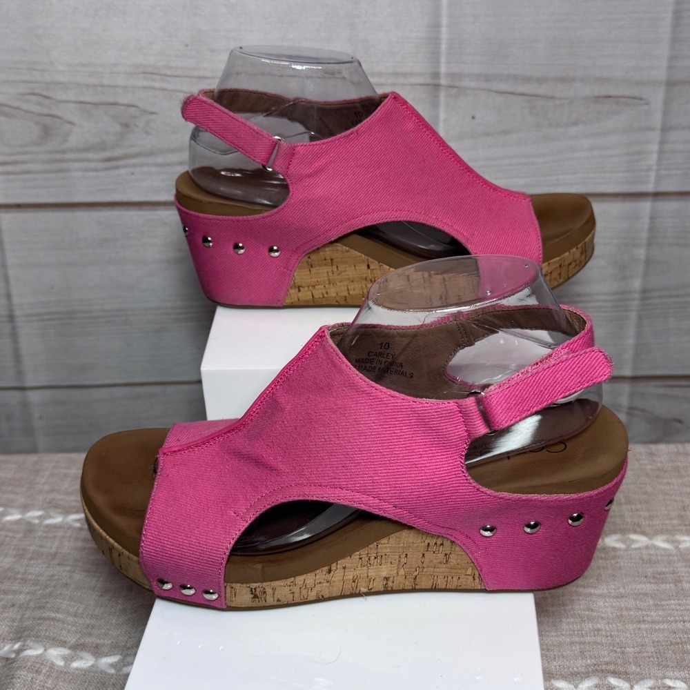 Corkys Carley Pink Canvas Wedge Sandals Studded Platform Slingback Womens 10 - Picture 2 of 6